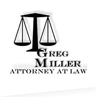 A black and white photo of the logo for greg miller attorney at law.