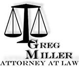 A black and white picture of the logo for greg miller attorney at law.